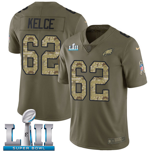 Nike Eagles #62 Jason Kelce Olive/Camo Super Bowl LII Youth Stitched NFL Limited Salute to Service Jersey